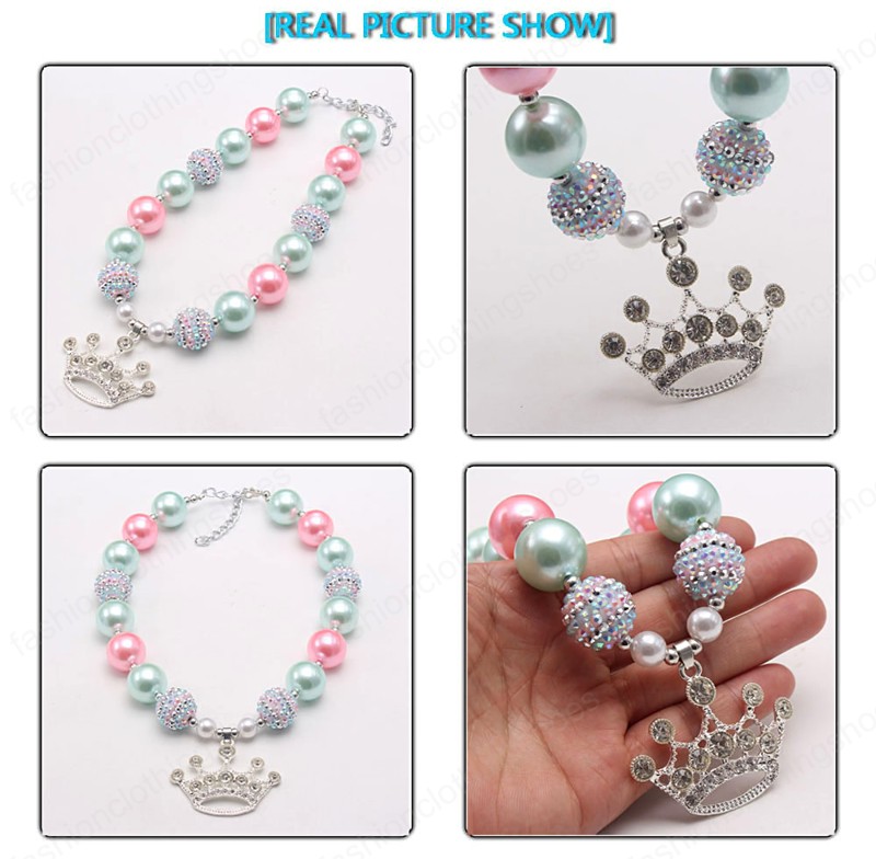 Fashion crown pendant necklace for kids girls handmade chunky bubblegum beaded necklace for child party gift