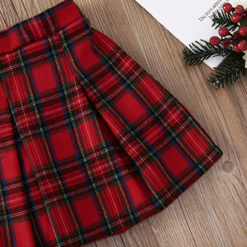 Christmas Baby Clothes Sets Spring Autumn Girls Outfits Xmas Tree Black Round Neck Print Long Sleeve Hoodie+Red Plaid Skirt Kids Clothing