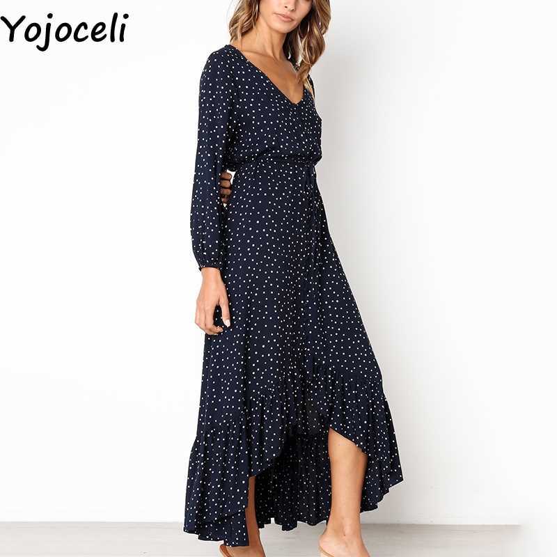 Yojoceli Sexy long ruffle button dres Polka dot sashes summer beach female Casual cool daily maxi vestidos 210609