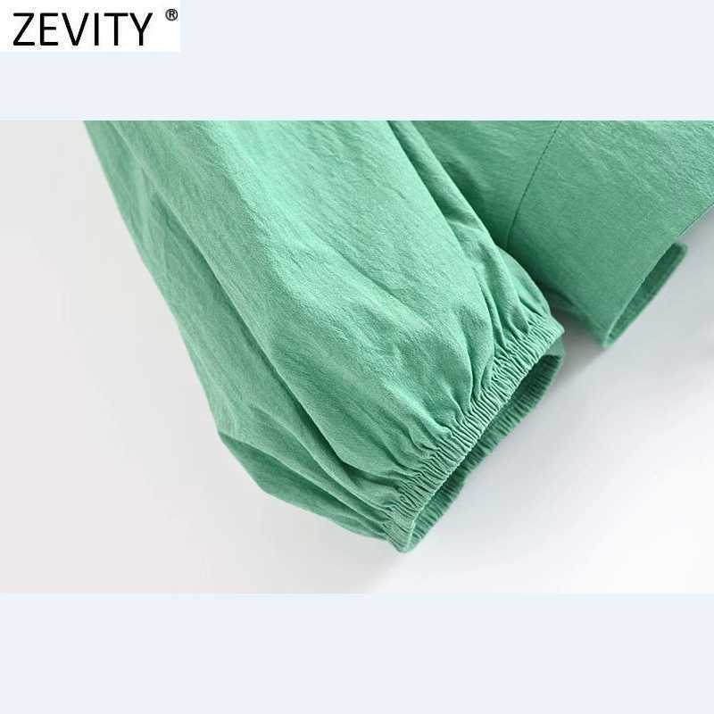 Zevity Women Vintage Puff Sleeve Square Collar Green Short Blouse Femme Sexy Backless Lace Up Shirt Chic Blusas Crop Tops LS9286 210603