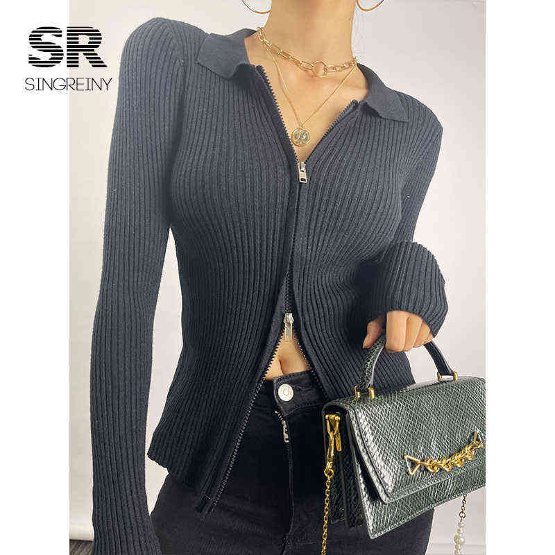SINGREINY Autumn Zipper Knitted Sweater Women Turndown-Collar Long Sleeve Elastic Knitted Tops Winter Fashion Basic Sweaters 211109