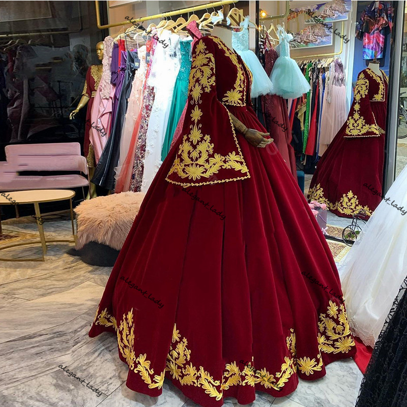 Kosovo Albanian Caftan Evening Dresses 2021 burgundy Velvet Long Sleeve gold Applique Robe De Soirée Prom Dress Vestidos De