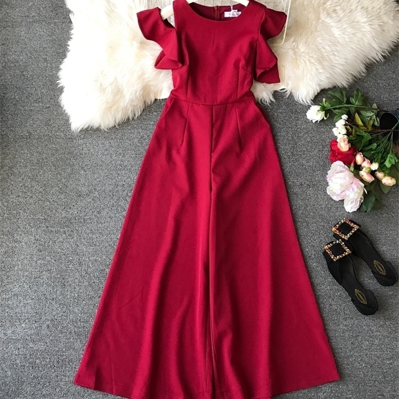 Summer Elegant Jumpsuits Women Slim High Waist Ruffle Sleeved Irregular Strapless Playsuits Womens Casual Wide Leg Black Romper T200509