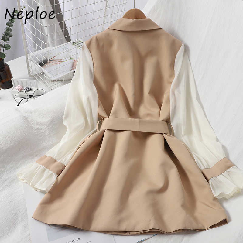 Neploe Women Dress Autumn Fashion Patchwork Chiffon Long Sleeve Sashes Temperament Notched Collar Korean Gentleness Dresses 210630