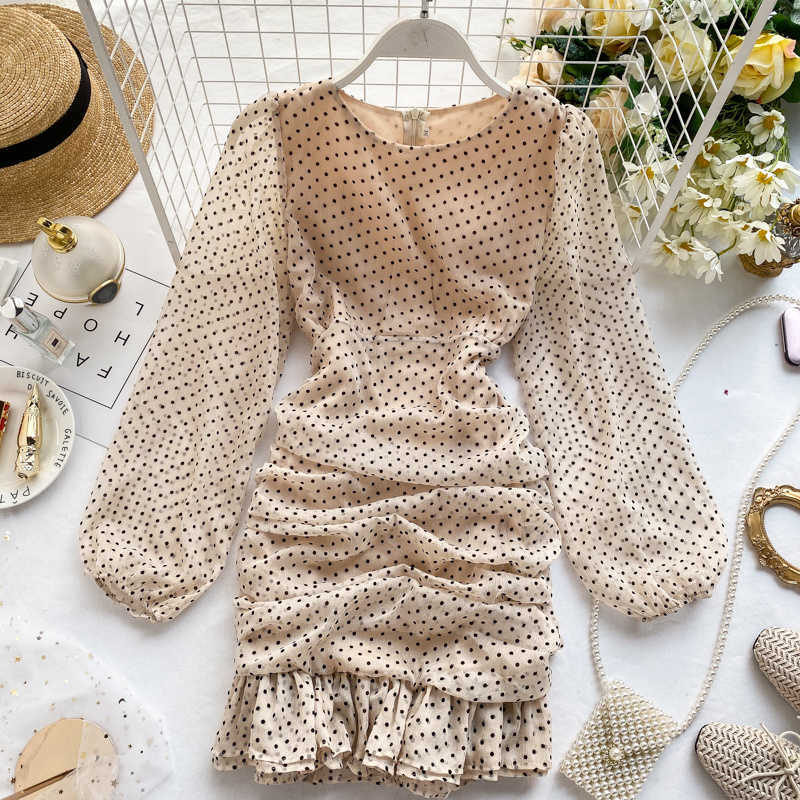 DEAT Women Spring Autumn Long Puff Sleeve Polka Dot Folds Waist Slim Ruffles Fashion Temperament Dress MI156 210709