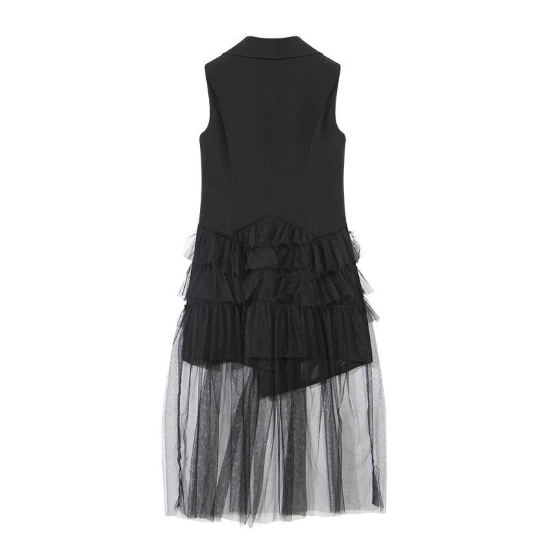 Women's Vests Lace Spliced Vest Waistcoat Ruffles Pleated Women Suit Coat Sleeveless Jacket Tailored Collar Black Female Long Coats