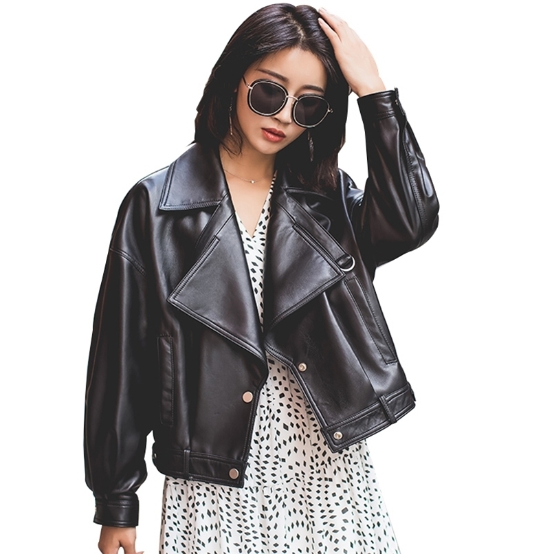 Autumn Faux Leather Jacket Women Loose Turndown Collar Ladies Biker Punk Jackets Single Breasted Motorcycle Leather Coats 211130