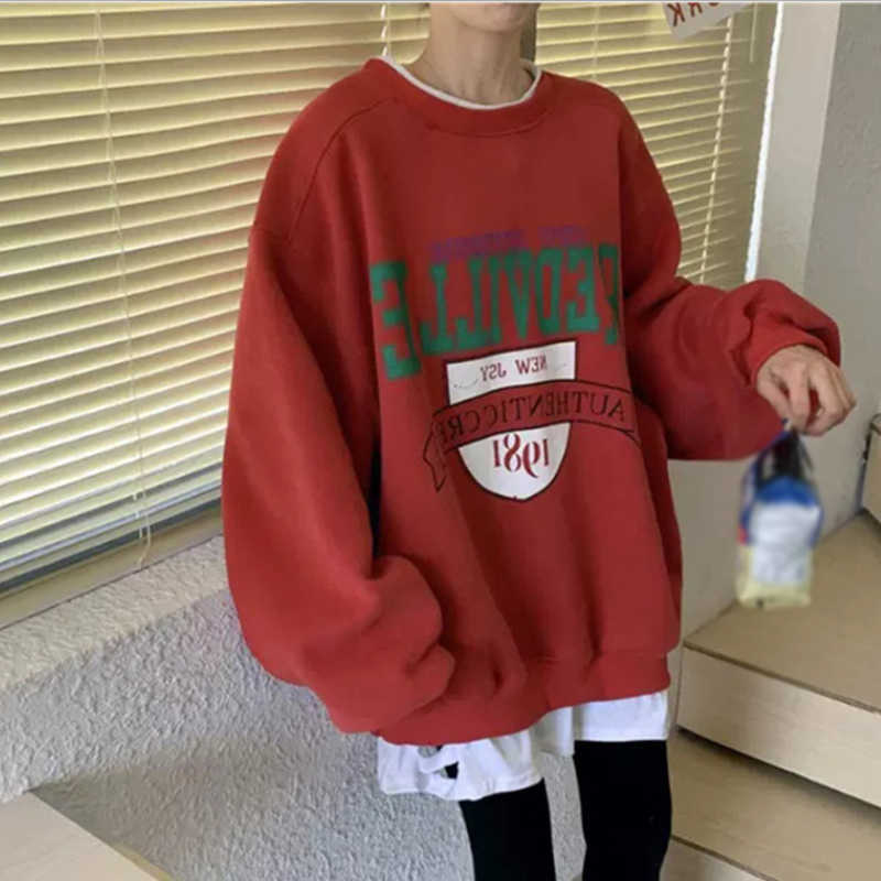 Women Fleece Letter Printed Pullover Sweatshirts Long Sleeve Casual Sports Lady Oversized Hoodie For Autumn Korean Fashion 210910