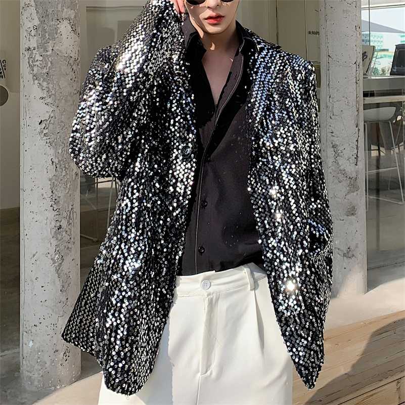 Sequin Blazer Hombre Stage Show Blazer Jacket Outerwear Men Sequins Casual Suit Jacket Overcoat Male Silver Paillette Blazer 211120