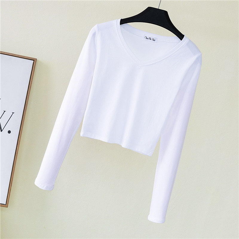 Autumn Large Sizes Cotton Women's Clothing V-Neck Long Sleeve Slim Base Short T-shirts Women Fashion Casual Street Ropa Mujer 210302