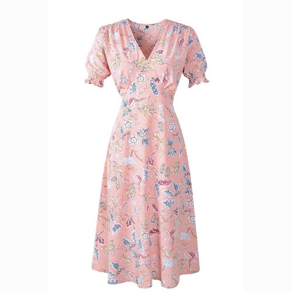 Casual Boho Beach Dress Women Sexy V Neck Short Sleeve Tunic Summer es Plus Size Floral Printed Vintage Chiffon Midi 210526