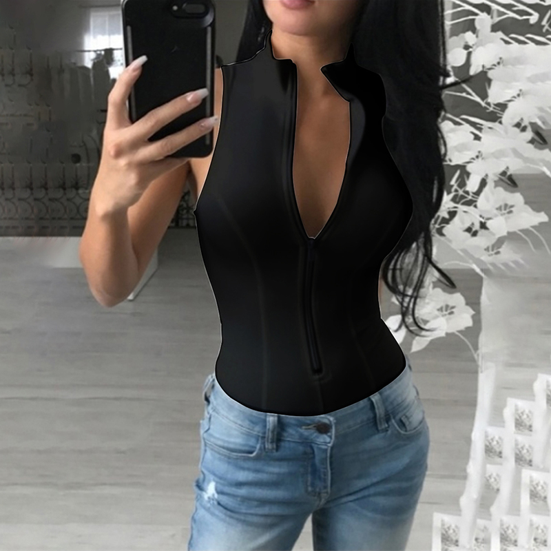 Casual Zip-Up Sleeveless T-Shirt top crops women solid color tight models casual basic models peplum tops for women women 210308