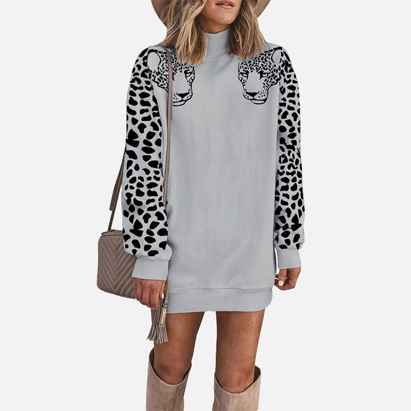Autumn Leopard Printed Long Sweatshirt Women Patchwork Turtleneck Midi Pullovers Female Winter Streetwear Ladies Sweatshirt 201202