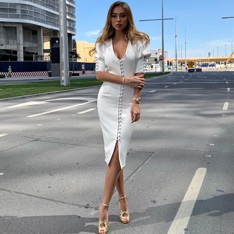 Spring Summer White Sexy Half Puff Sleeve V Neck High Waist Single Breasted Buttons Slim Long Dress Women MG470 210525
Spring Summer White Sexy Half Puff Sleeve V Neck High Waist Single Breasted Buttons Slim Long Dress Women MG470 210525