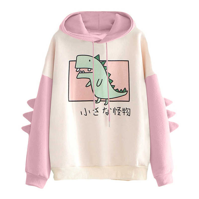 Fashion Women Sweatshirt Casual Print Long Sleeve Splice Dinosaur hoodies Sweatshirt Tops 211008