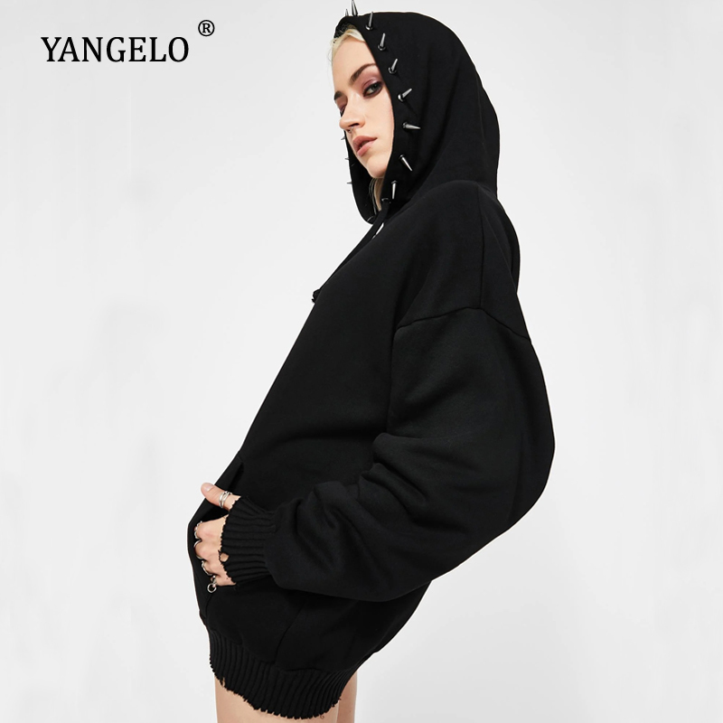 Yangelo Deranged Desire Spiked Hoodie Women Sweatshirt Fall Winter Black Punk Long Sleeve Loose Pullover Female Streetwear Top 200924