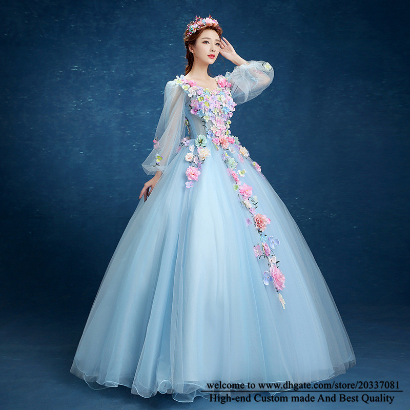 Quinceanera Dresses 2021 Sexy V-Neck Flowers Party Prom Formal Lace Up Princess Long Sleeve Ball Gown Tulle Vestidos De 15 Anos Q36