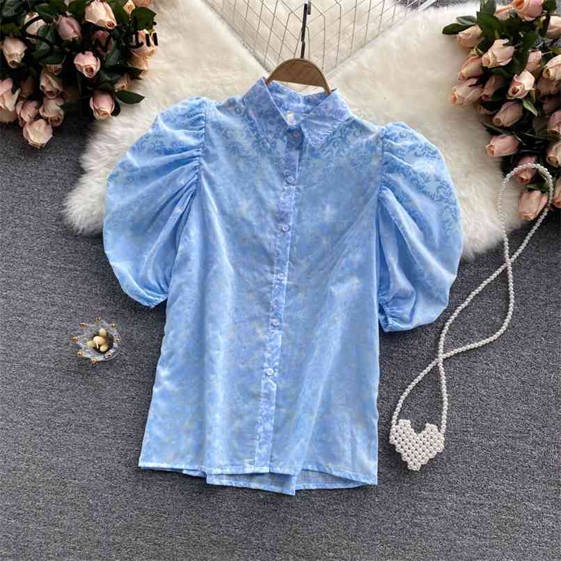 Vintage Blouses Womens Summer Korean Fashion Button Up Turn-down Collar Short Puff Sleeve Shirts White Blue Pink 210607
Vintage Blouses Womens Summer Korean Fashion Button Up Turn-down Collar Short Puff Sleeve Shirts White Blue Pink 210607