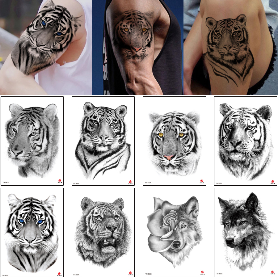 Tiger Tattoo Sticker Fake Black Design Temporary Waterproof Body Art for Woman Man Arm Shoulder Knee Waist Makeup Wolf Owl Rose Decal от DHgate WW