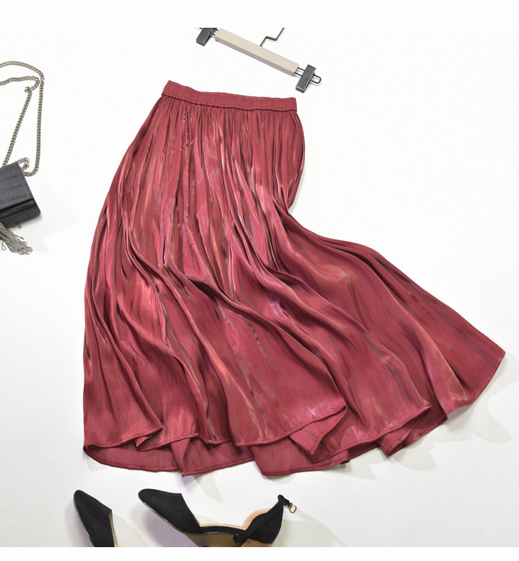 Spring Korean Style Pleated Skirt Elastic Waist Pearl Luster Silk Slippery Faldas Largas Elegantes 210306
