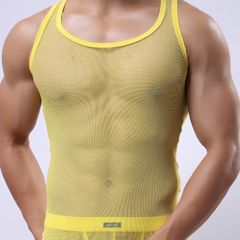 Red See Through Mesh Tank Top Men Sexy Sleeveless Mesh Sheer Undershirt Transparent Perspective Fishnet Bodybuilding Tees 210308