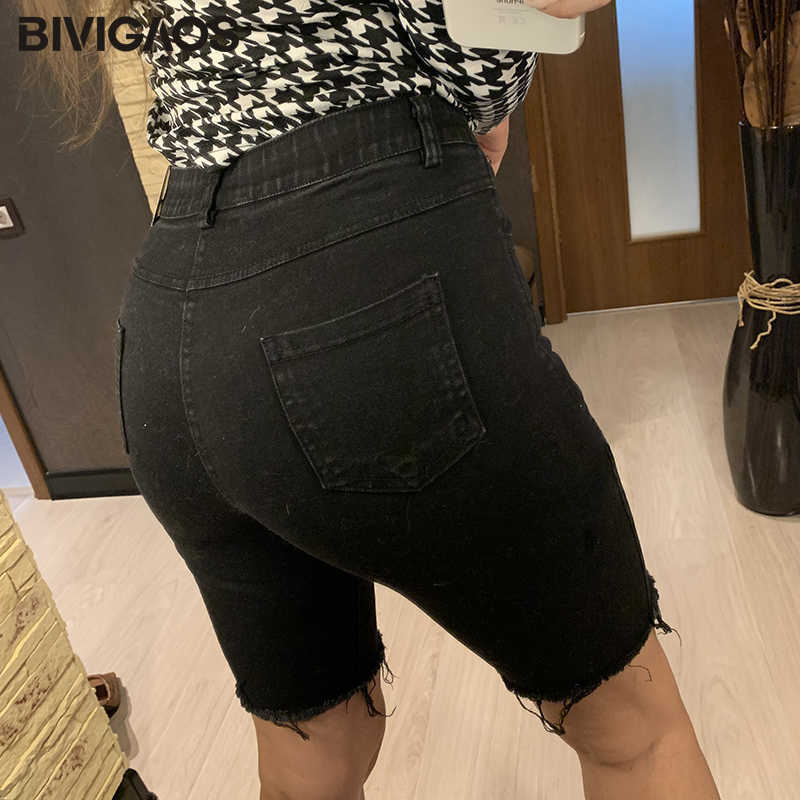 BIVIGAOS Black Elastic Jean Shorts Women Summer Straight High Waist Ripped Hole Short Jeans Casual Denim Biker Shorts 210625