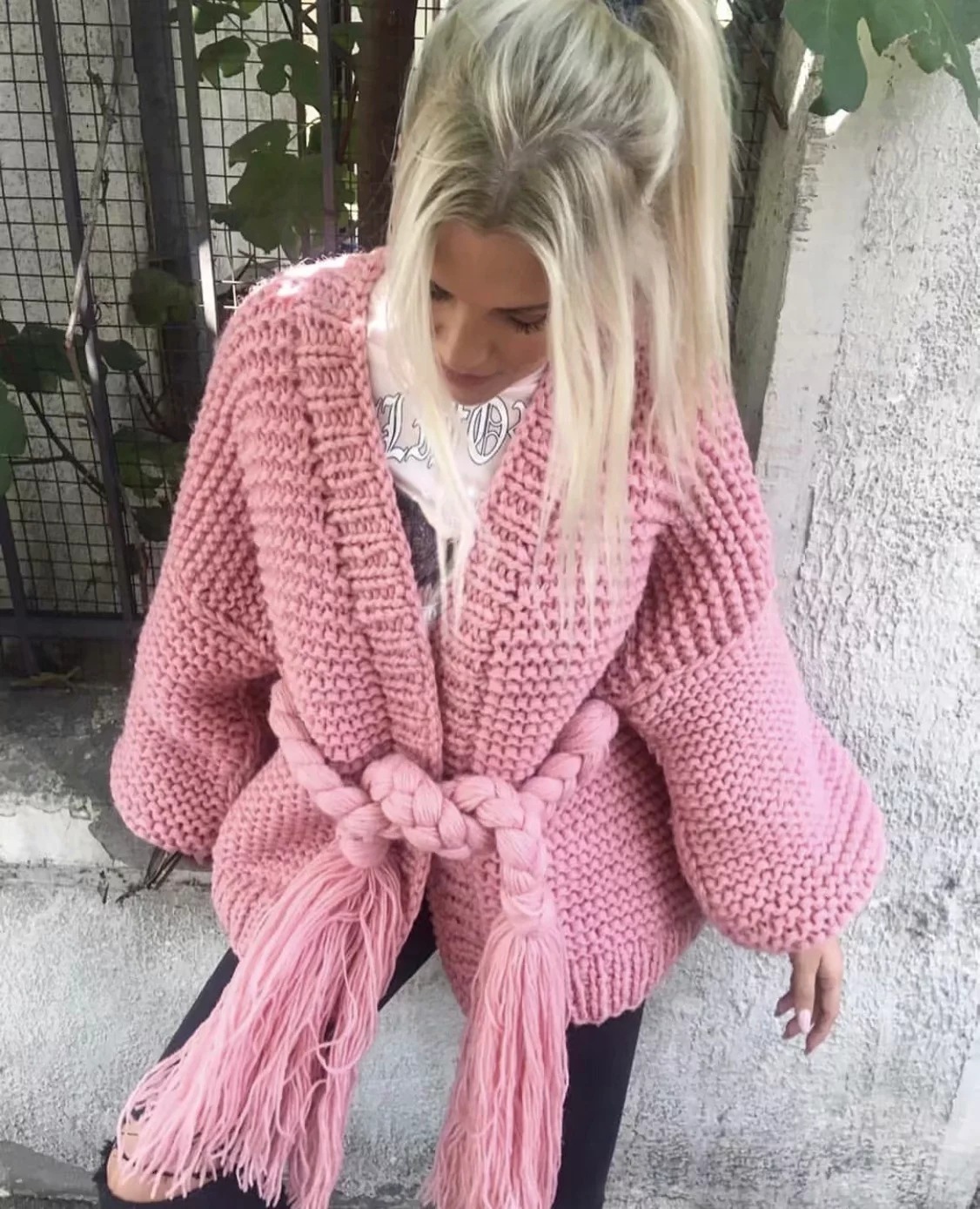 V-Neck Lantern Sleeve Knit Cardigan In Beige And Gray | Autumn Winter Collection