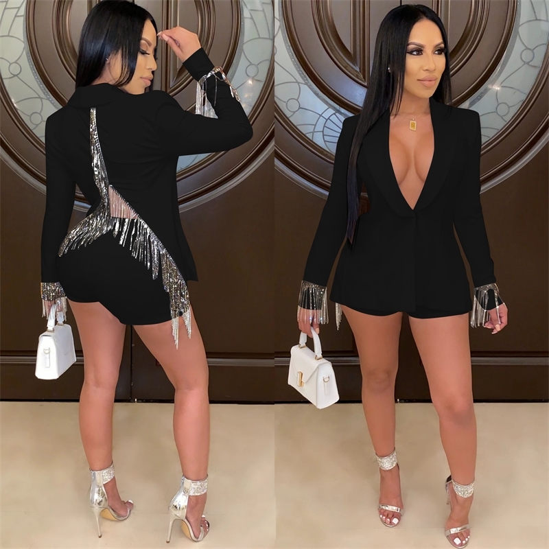 Echoine Autumn blazer set Two Piece Set Tassel Back Split Blazer Jacket Women Vneck women suits Sexy Club Shorts Matching Set T200325