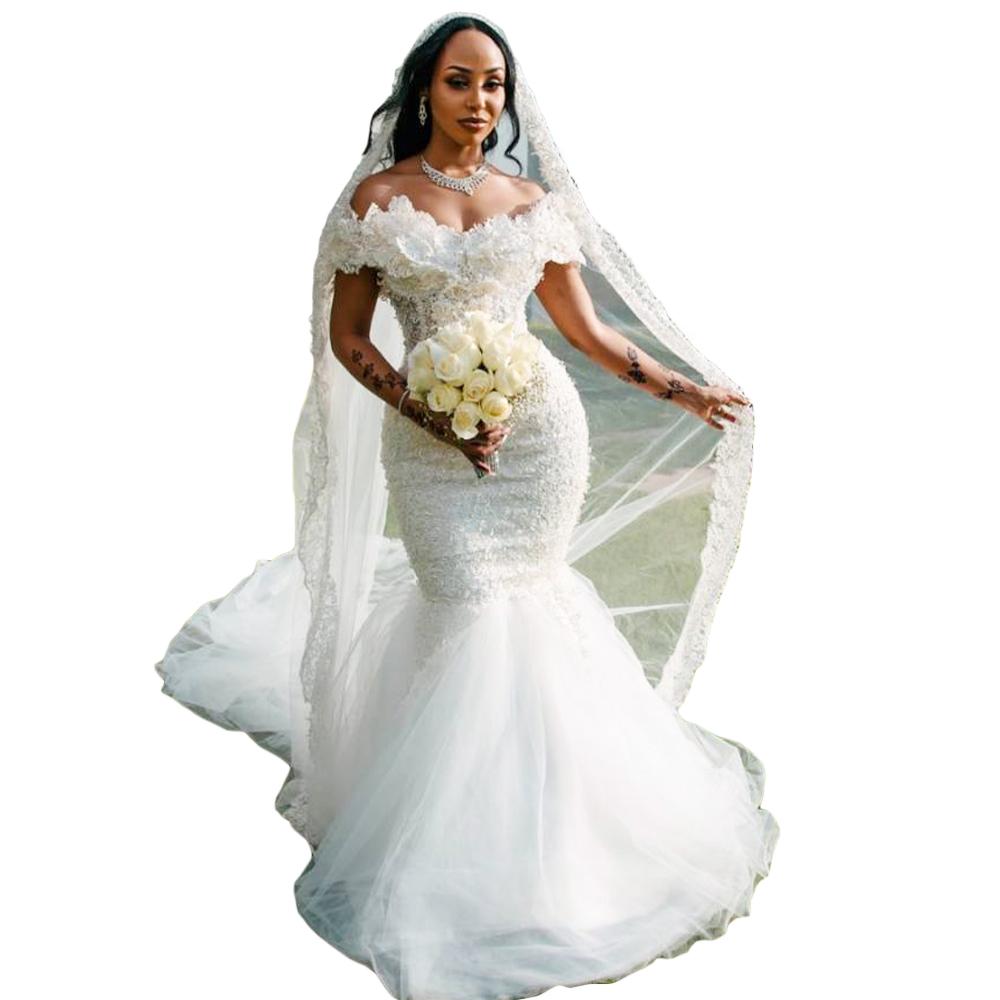 White Off Shoulder Wedding Dress Lace Pearls Beads Mermaid Tiered Ruffles Robe De Soiree Turkish Couture Dubai Abendkleider Bridal Gowns 0219