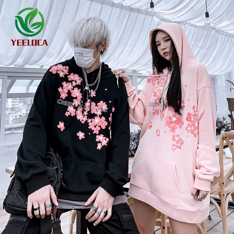 Drop Chinese Style Cherry Blossom Hoodie Oversized Couple High Street Hip Hop Rock Band Sweatshirt Autumn Winter 201020