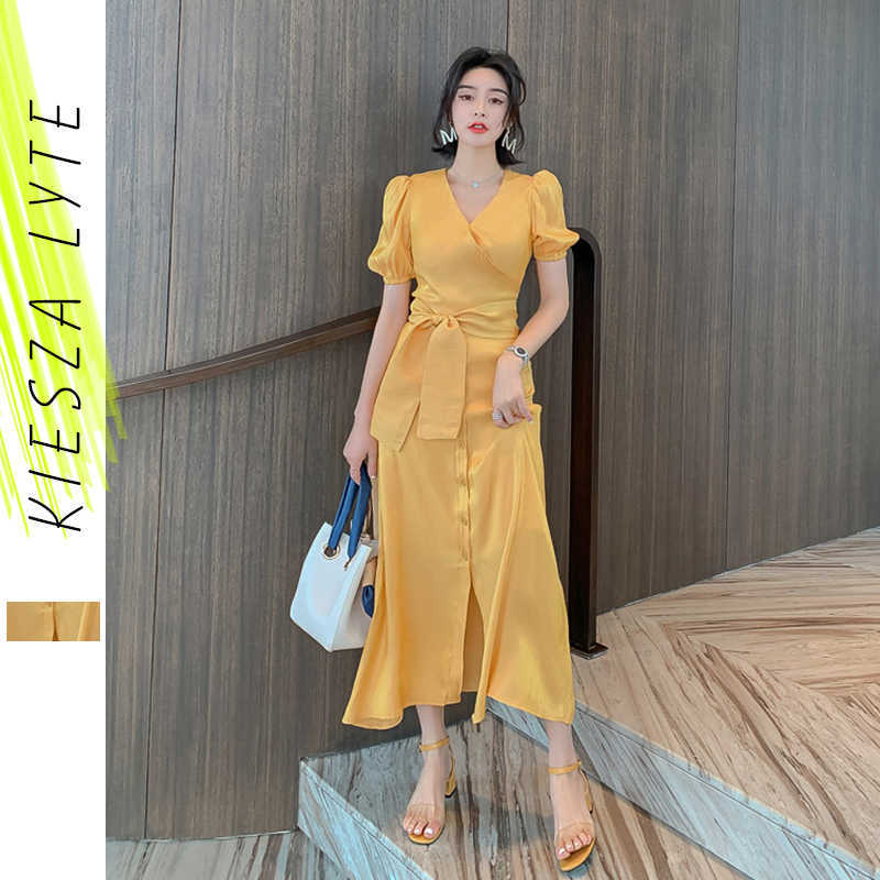 Satin Party Dress Summer Yellow High Waist Lantern Short Sleeve Sashes V Neck Dresses 210608
Satin Party Dress Summer Yellow High Waist Lantern Short Sleeve Sashes V Neck Dresses 210608