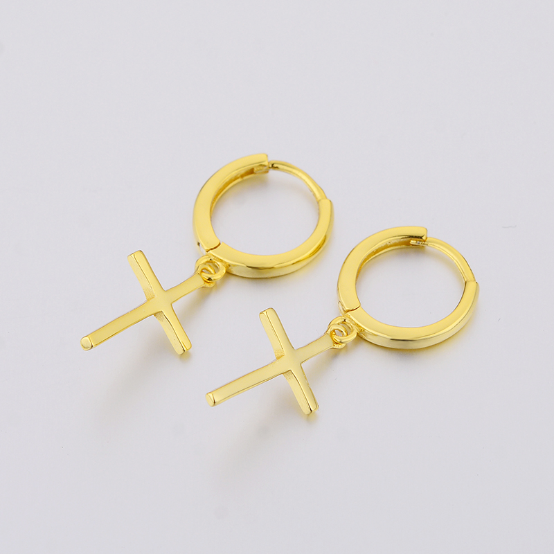 Women 925 Sterling Silver Gold Color Polishing Cross Dangle Hoop Earrings For Girls Fashion Luxury Round Jewelry Gift