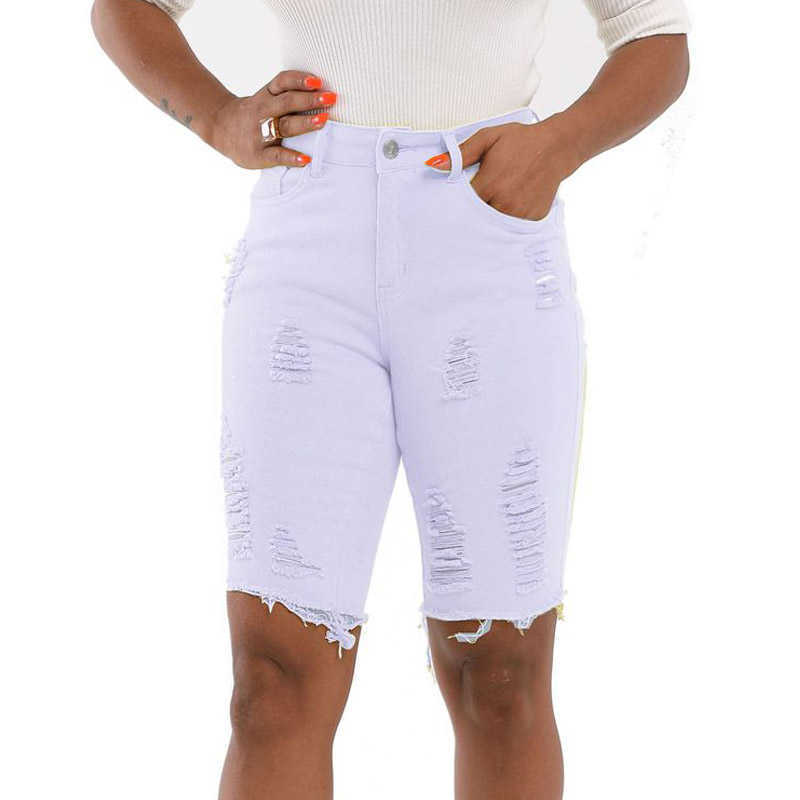 Weigou Denim Skinny Ripped Shorts Women High Waist Distressed Knee Length Stretch Jeans Slim 210714