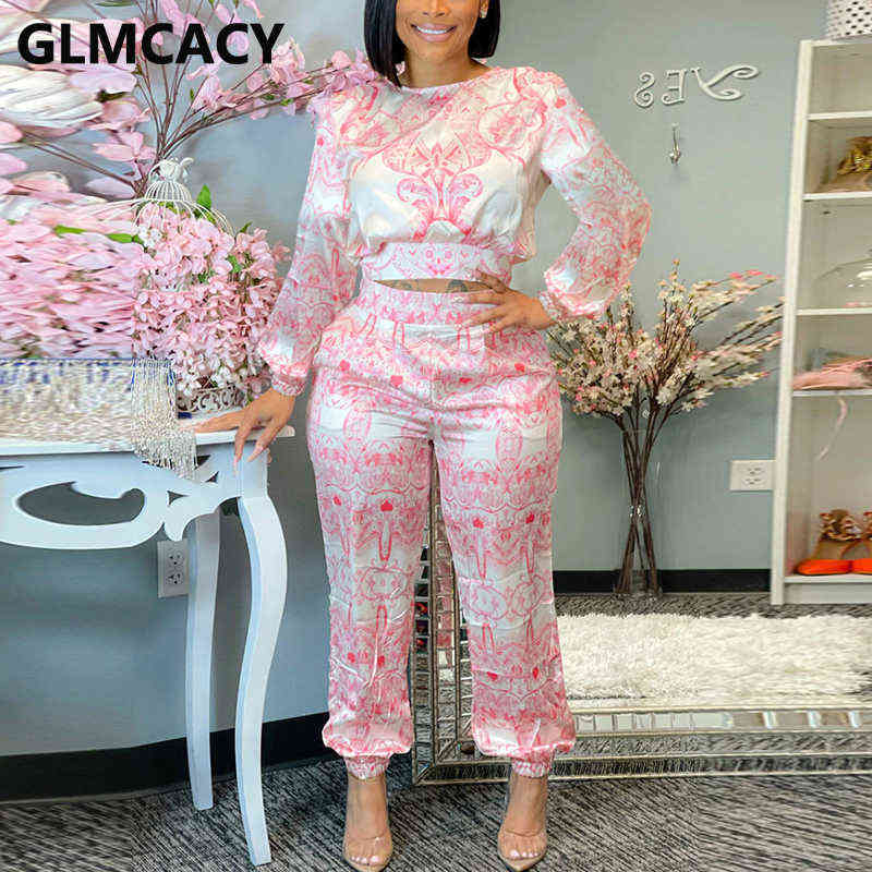 Two Pieces Sets Women Short Sleeve Printed Top & Bodycon Pants 211105