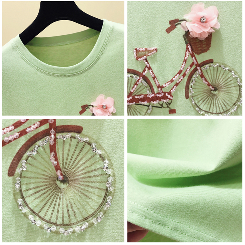 Beading T Shirt Women Clothes New Fashion Summer Tops Short Sleeve Tshirt Woman TShirt Korean Style Tee Shirt Femme Green T200614