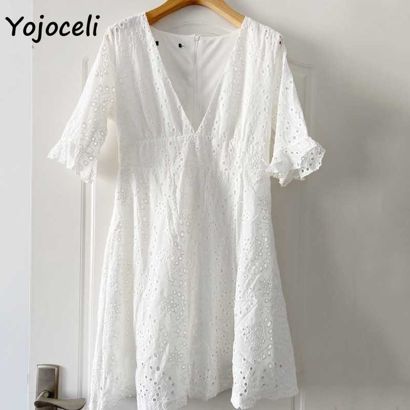 Yojoceli spring summer cotton embroidery dres v neck hollow out skater 210609