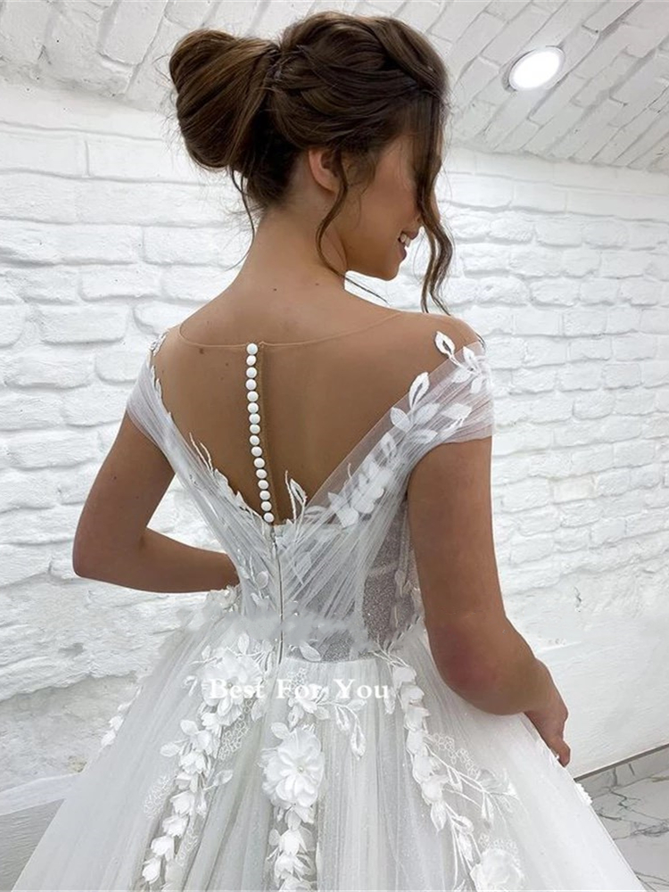 Elegant Ivory Tulle Wedding Dresses Princess A Line Bridal Gowns Sheer Neck Cap Short Sleeves Lace Floral Appliques Bride Dress Back Buttons Robe De M