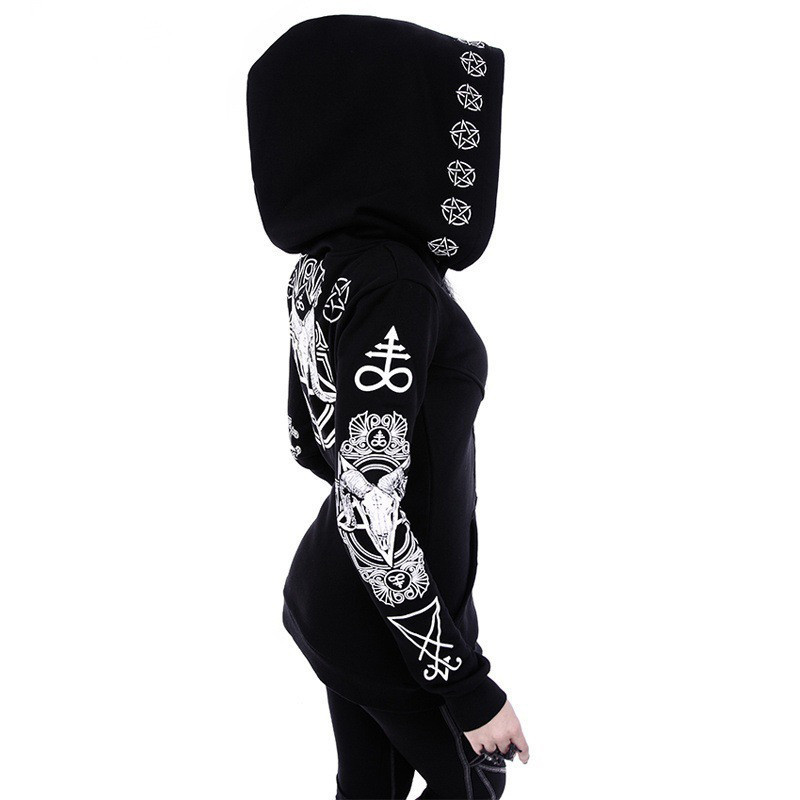 Gothic Punk Print Hoodies Sweatshirts Women Long Sleeve Jacket Zipper Coat Autumn Winter Female Casual Hoodie Oversized Hood 201028