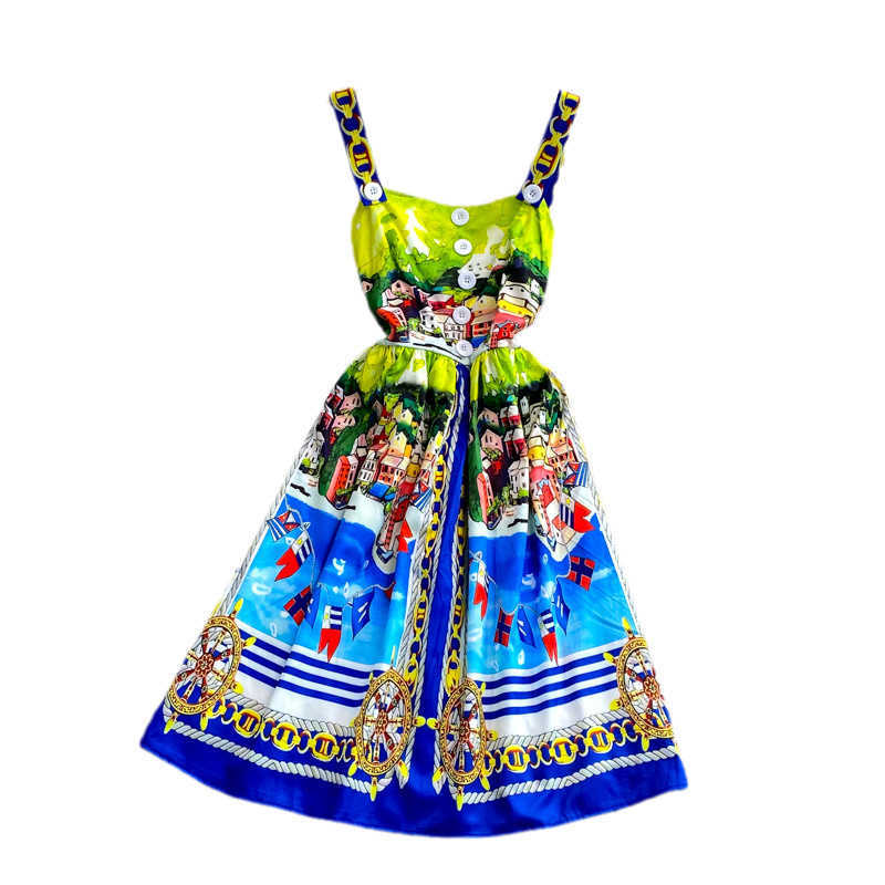 DEAT Women Printing Sling Dress Slash Neck Sleeveless Arrivals Lady Sexy Fashion Temperament Spring Summer 11D1401 210709