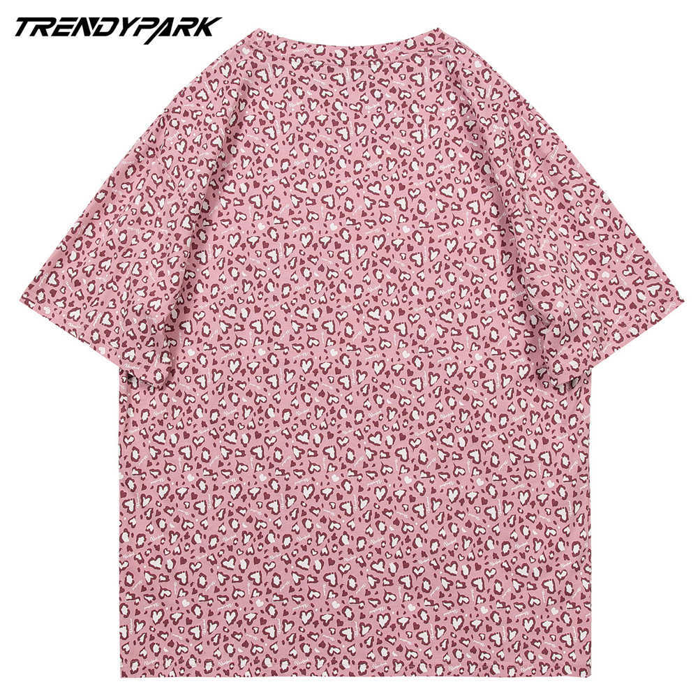 Men's Hip Hop Tshirts Little Hearts Leopard Pattern Short Sleeve Shirts Streetwear Harajuku Casual Cotton T-Shirt Summer Tops 210601