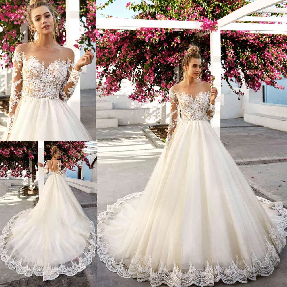 Long Sleeves Wedding Dresses Bridal Gown A Line Jewel Neck Lace Applique Sweep Train Covered Buttons Illusion Back Tulle Custom Made Plus Size Vestido