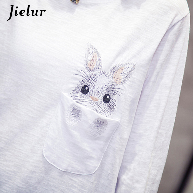 Jielur Autumn Rabbit Embroidery Women T-shirt Long Sleeve Cute Korean Tshirts White Black O-neck Girl Bottoming Tee Shirts M-XXL T200319