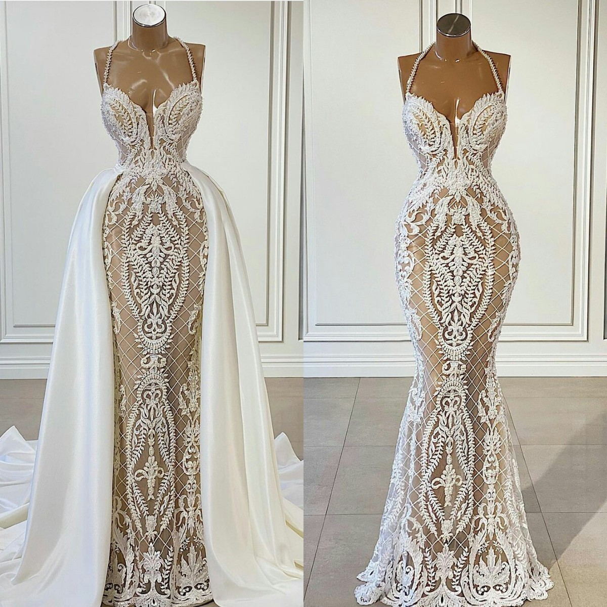 Newest Mermaid Wedding Dresses With Detachable Full Lace Appliques Beach Bridal Gowns Boho Custom Made Sweep Train Vestido De Novia