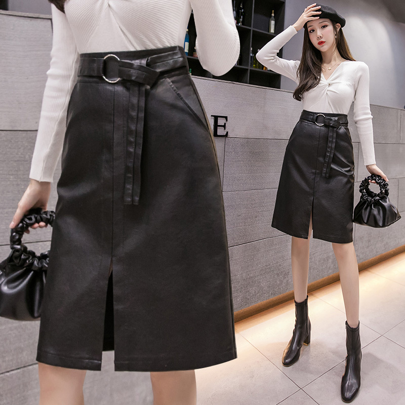REALEFT New Autumn Winter Black PU Leather Women Midi Skirts with Belt High Waist Chic Front Split Sheath Wrap Skirt Pocket 210309