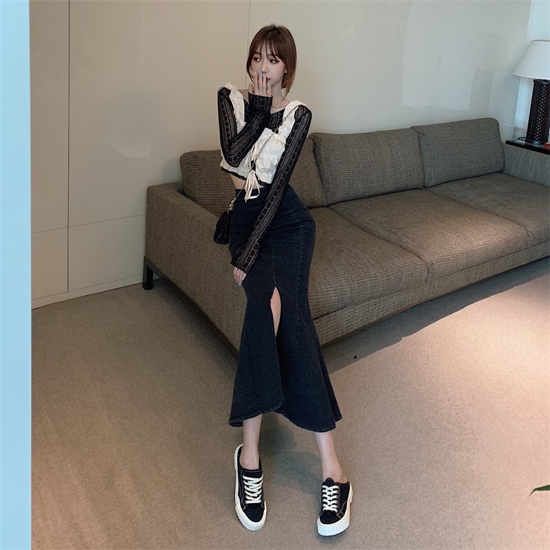 Nomikuma Autumn Winter High Wiast Slim Sexy Mermaid Skirts New One-step Split Ruffle Women Skirt Fashion Mujer Faldas 6C994 210427