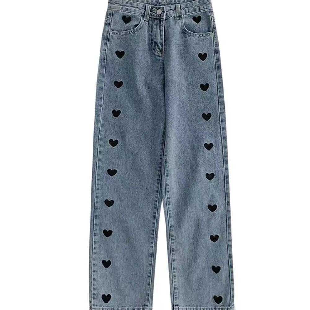 Women's jeans spring and autumn Korean love embroidery casual straight trousers high waist slim women loose B018 210922