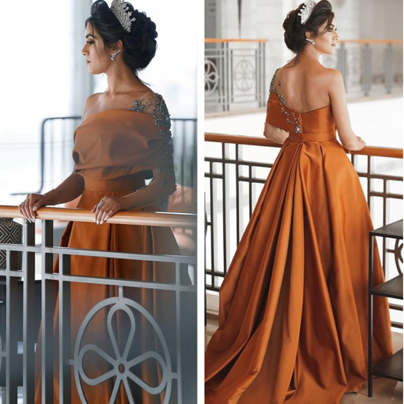 Princess One Shoulder Formal Evening Dresses Long Arabic Elegant Satin Prom Party Gowns Crystals Beaded A-Line Formal Occasion Wear