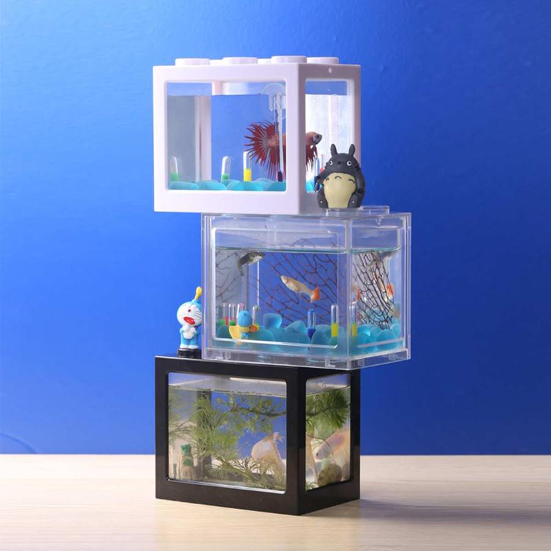 Colorful Clear Mini Aquarium With LED Lamp Light Betta Fish Tank Office Desktop Ornament Decor Multicolor Box Fighting Cylinder