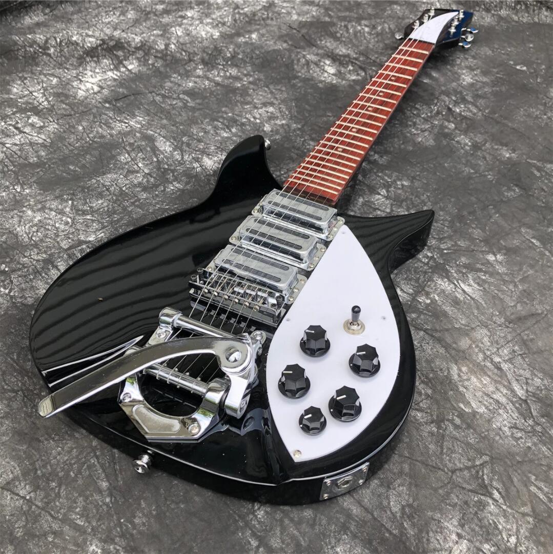 John Lennon 325 Short Scale Length 6 String Black Electric Guitar Signature Pickugard, Bigs Tremolo Bridge, Gloss Paint Fingerboard, 3 Toaster Pickups, Vintage