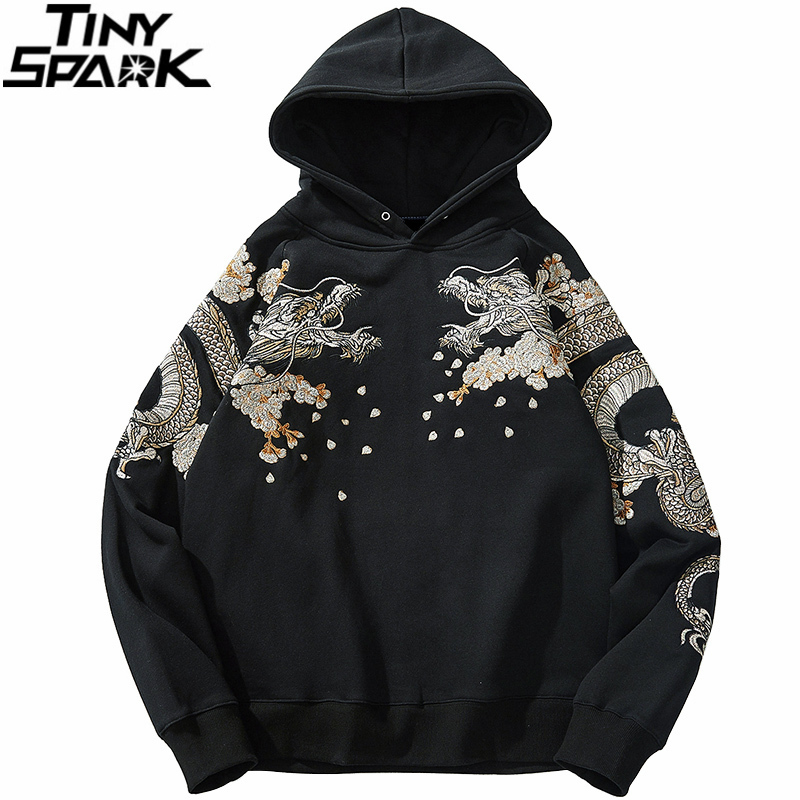 Mens Hip Hop Streetwear Hoodie Chinese Style Dragon Phoenix Embroidery Pullover Autumn Cotton Fleece Floral Sweatshirt 201126